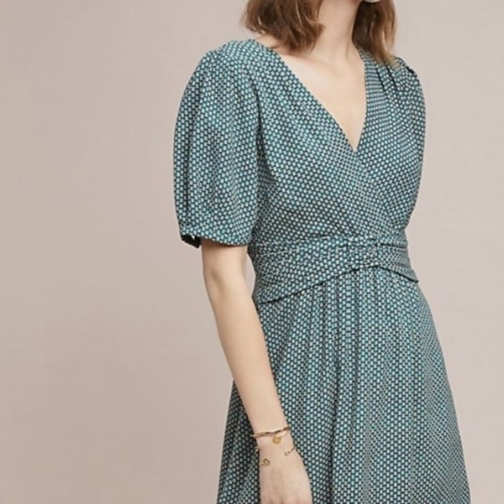 Anthropologie Maeve Kelly Printed Belted Midi Dress Women's Green Size 6P
